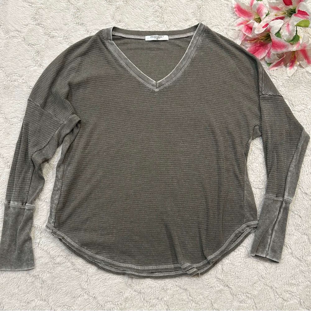 Project Social T - Olive Green V-Neck Waffle Knit Long Sleeved T-Shirt Large L